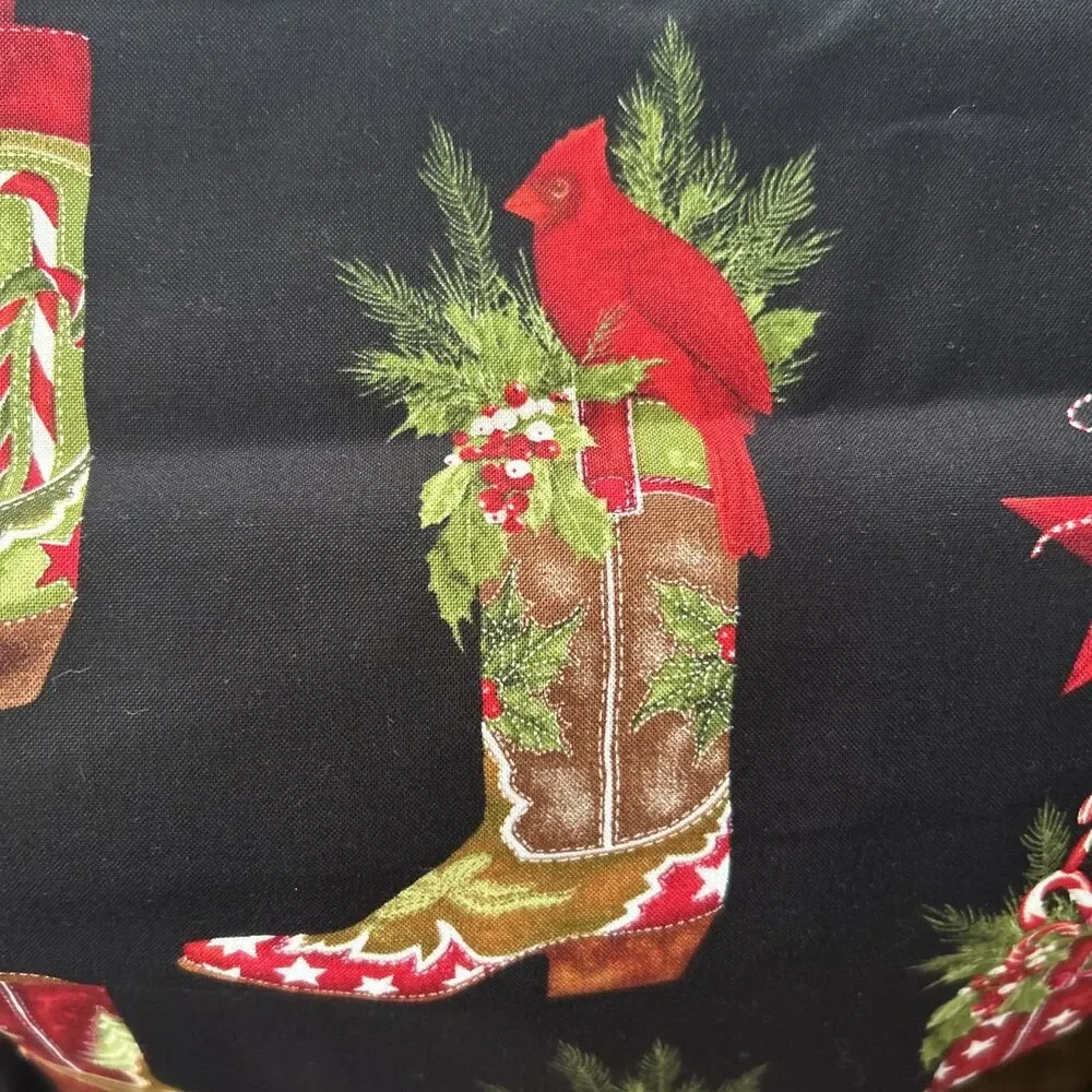 Kaufman Holly Jolly Christmas Cowboy Boot Print Cotton Quilting Fabric 2 Yd